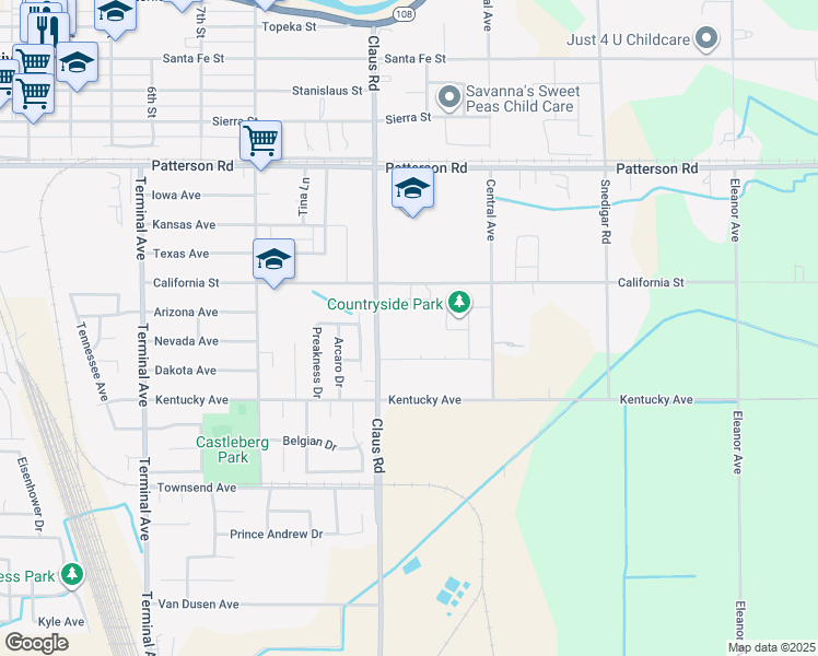 map of restaurants, bars, coffee shops, grocery stores, and more near 6108 Claus Road in Riverbank