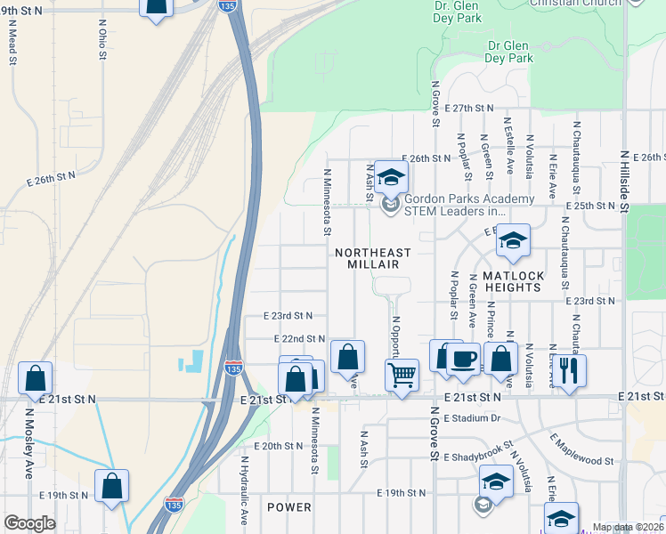 map of restaurants, bars, coffee shops, grocery stores, and more near 2469 Piatt Street in Wichita