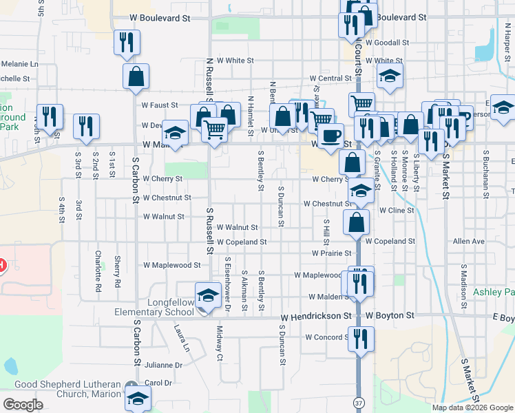 map of restaurants, bars, coffee shops, grocery stores, and more near 1208 West Chestnut Street in Marion