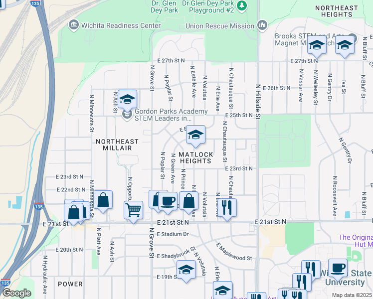map of restaurants, bars, coffee shops, grocery stores, and more near 2444 North Prince Avenue in Wichita