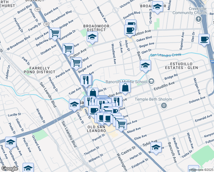 map of restaurants, bars, coffee shops, grocery stores, and more near 264 Chumalia Street in San Leandro