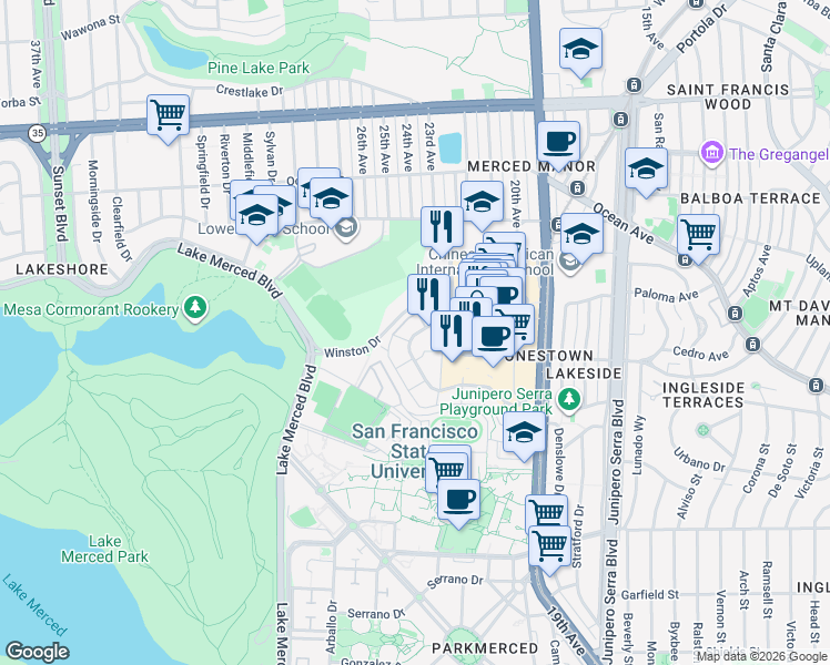 map of restaurants, bars, coffee shops, grocery stores, and more near 325 Buckingham Way in San Francisco