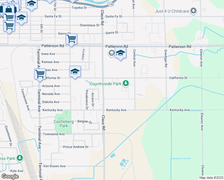 map of restaurants, bars, coffee shops, grocery stores, and more near 6108 Claus Road in Riverbank