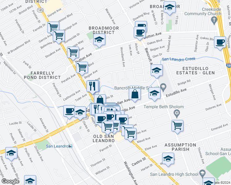 map of restaurants, bars, coffee shops, grocery stores, and more near 300 Chumalia Street in San Leandro