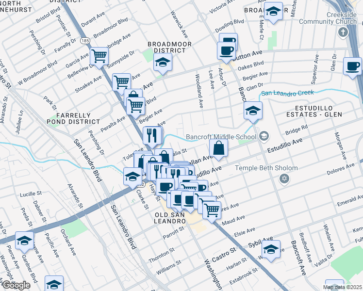 map of restaurants, bars, coffee shops, grocery stores, and more near 1051 Harrison Street in San Leandro