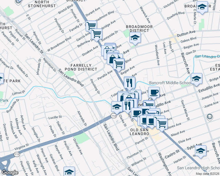 map of restaurants, bars, coffee shops, grocery stores, and more near in San Leandro