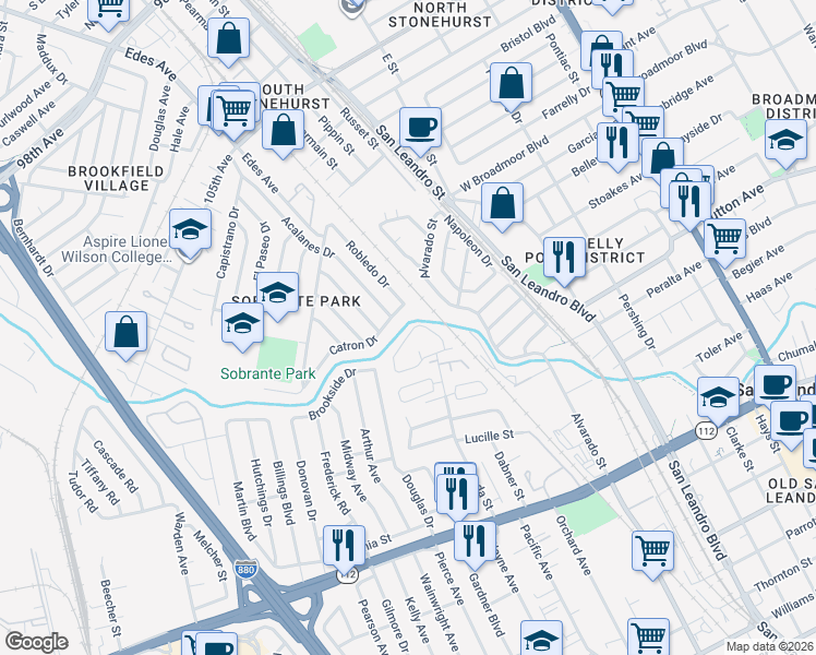 map of restaurants, bars, coffee shops, grocery stores, and more near 654 Catron Drive in Oakland