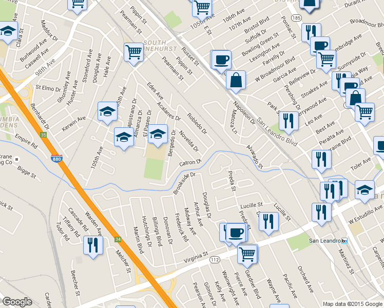 map of restaurants, bars, coffee shops, grocery stores, and more near 11103 Novelda Drive in Oakland
