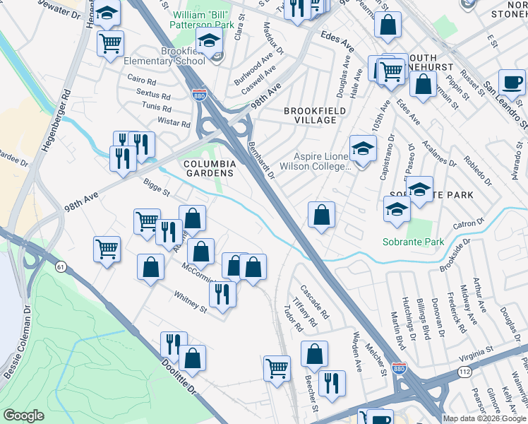 map of restaurants, bars, coffee shops, grocery stores, and more near 10046 Empire Road in Oakland
