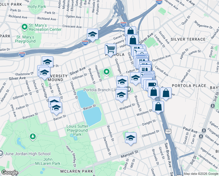 map of restaurants, bars, coffee shops, grocery stores, and more near 267 Holyoke Street in San Francisco