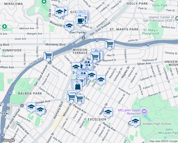 map of restaurants, bars, coffee shops, grocery stores, and more near 27 Theresa Street in San Francisco