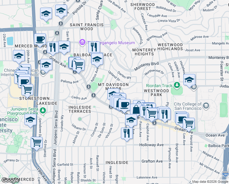 map of restaurants, bars, coffee shops, grocery stores, and more near 85 Manor Drive in San Francisco