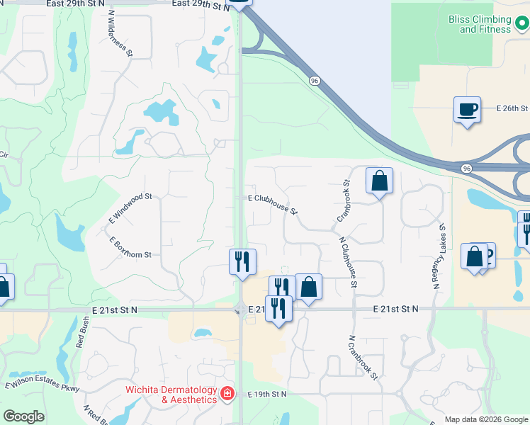 map of restaurants, bars, coffee shops, grocery stores, and more near 2427 Vinegate Court in Wichita