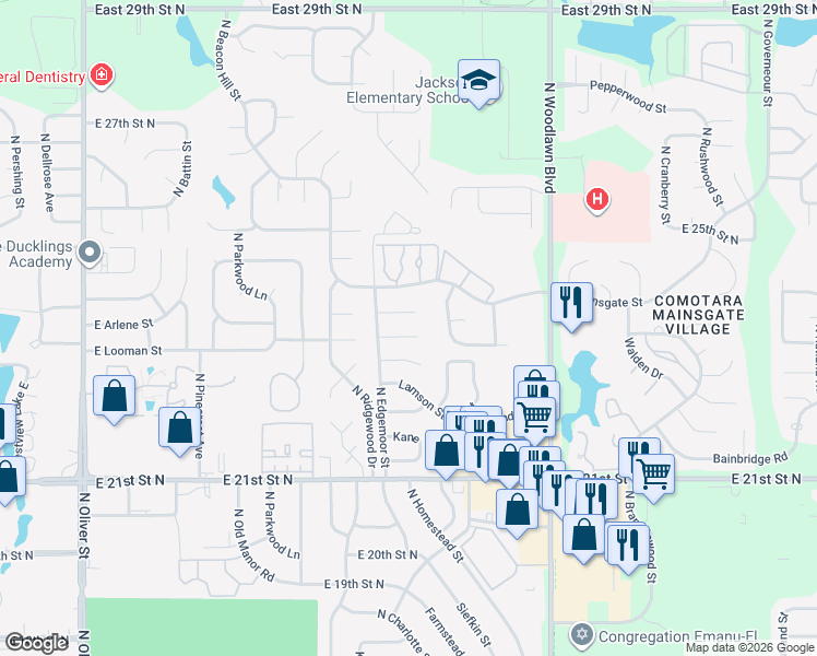 map of restaurants, bars, coffee shops, grocery stores, and more near 5749 Ayesbury Circle in Wichita