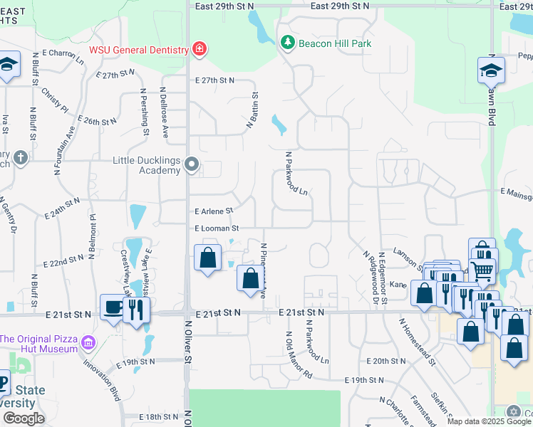 map of restaurants, bars, coffee shops, grocery stores, and more near 2440 N Battin St in Wichita