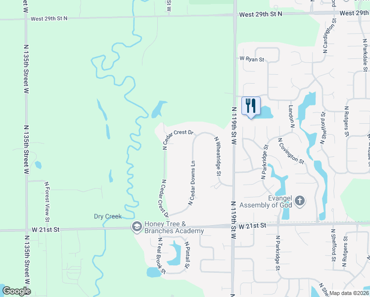 map of restaurants, bars, coffee shops, grocery stores, and more near 2538-2598 North Cedar Downs Lane in Wichita