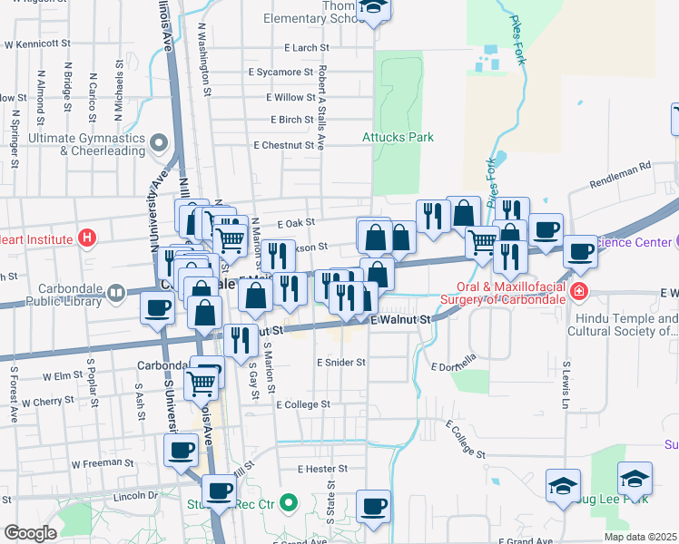 map of restaurants, bars, coffee shops, grocery stores, and more near 405 East Main Street in Carbondale