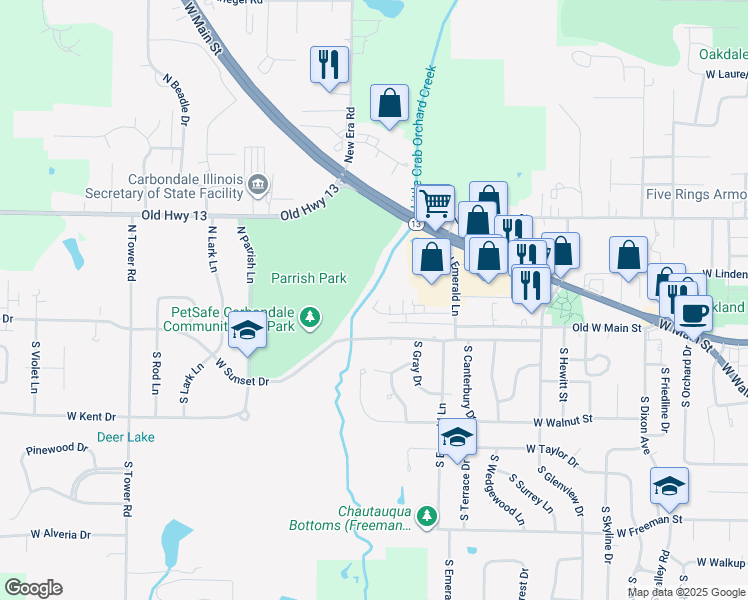 map of restaurants, bars, coffee shops, grocery stores, and more near 2106 West Woodriver Drive in Carbondale