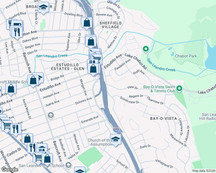 map of restaurants, bars, coffee shops, grocery stores, and more near 1201 View Drive in San Leandro