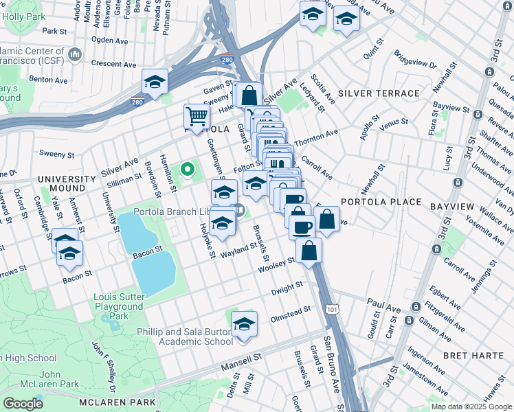 map of restaurants, bars, coffee shops, grocery stores, and more near 350 Girard Street in San Francisco
