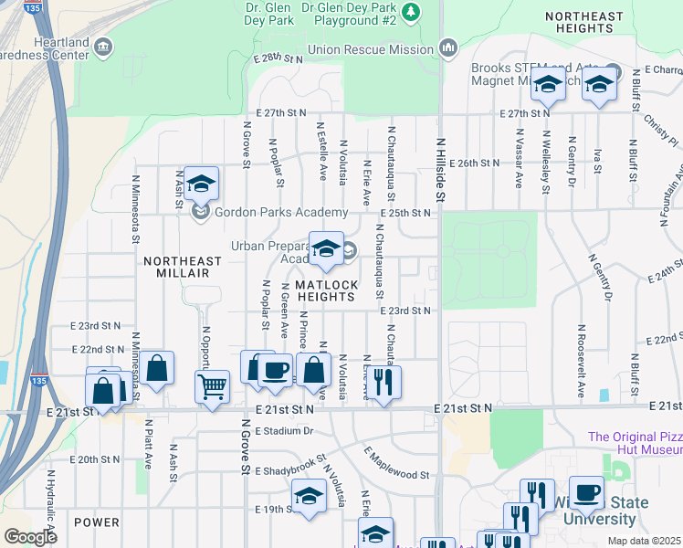 map of restaurants, bars, coffee shops, grocery stores, and more near 2821 East 24th Street North in Wichita