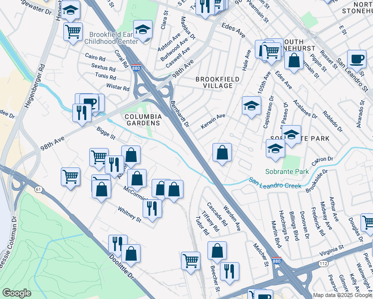map of restaurants, bars, coffee shops, grocery stores, and more near 10046 Empire Road in Oakland