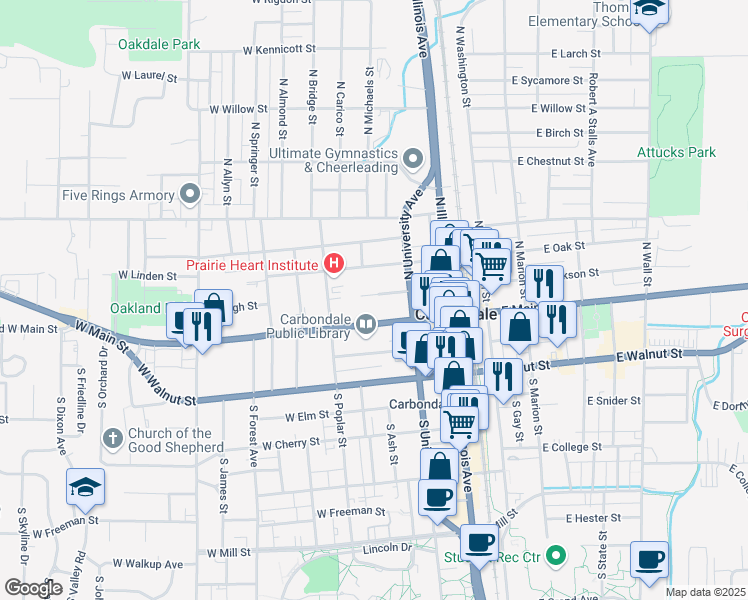map of restaurants, bars, coffee shops, grocery stores, and more near 405 West Jackson Street in Carbondale