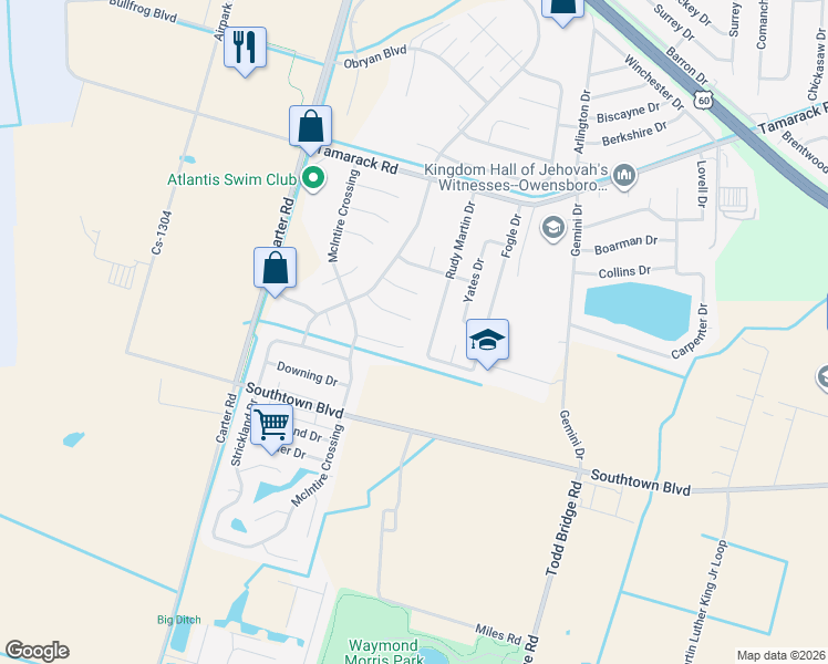 map of restaurants, bars, coffee shops, grocery stores, and more near 4112 Rudy Martin Drive in Owensboro