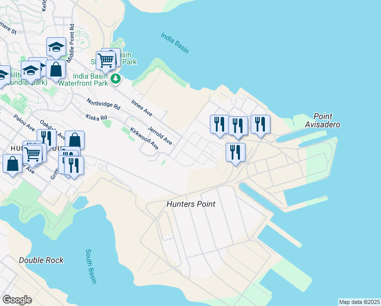 map of restaurants, bars, coffee shops, grocery stores, and more near 555 Innes Avenue in San Francisco