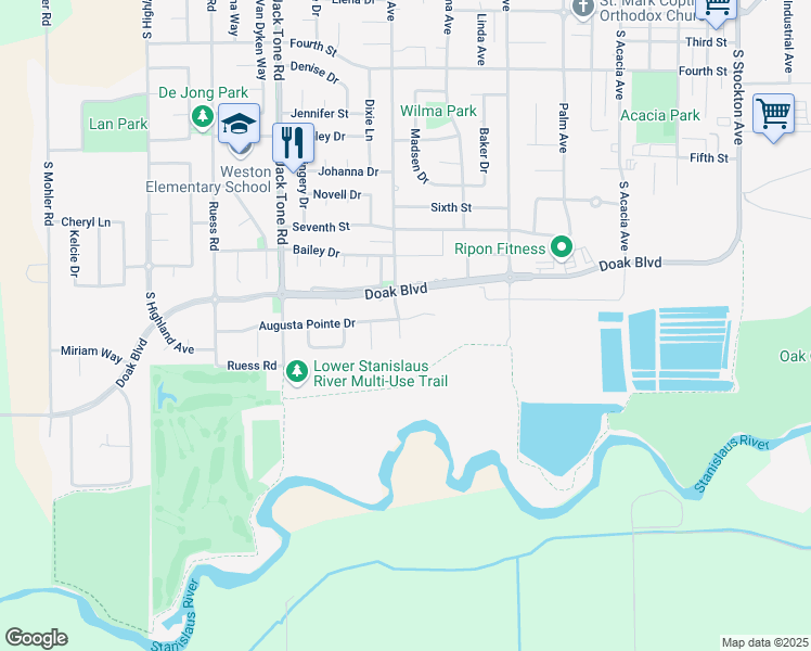 map of restaurants, bars, coffee shops, grocery stores, and more near 1274 Augusta Pointe Court in Ripon
