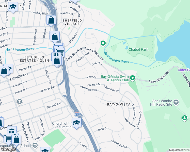 map of restaurants, bars, coffee shops, grocery stores, and more near 1532 View Drive in San Leandro