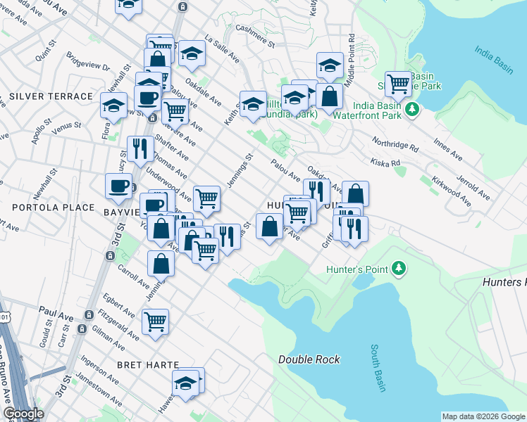 map of restaurants, bars, coffee shops, grocery stores, and more near 1283 Ingalls Street in San Francisco