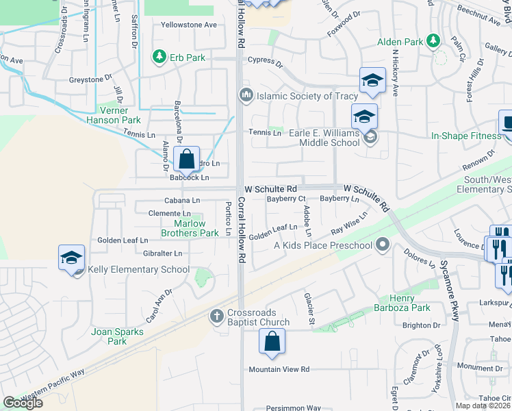 map of restaurants, bars, coffee shops, grocery stores, and more near 1942 Bayberry Court in Tracy