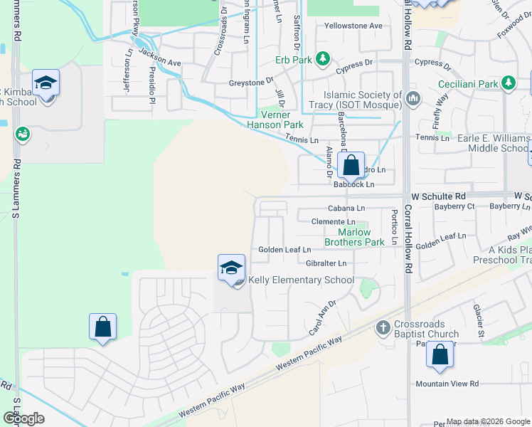 map of restaurants, bars, coffee shops, grocery stores, and more near 2483 West Schulte Road in Tracy