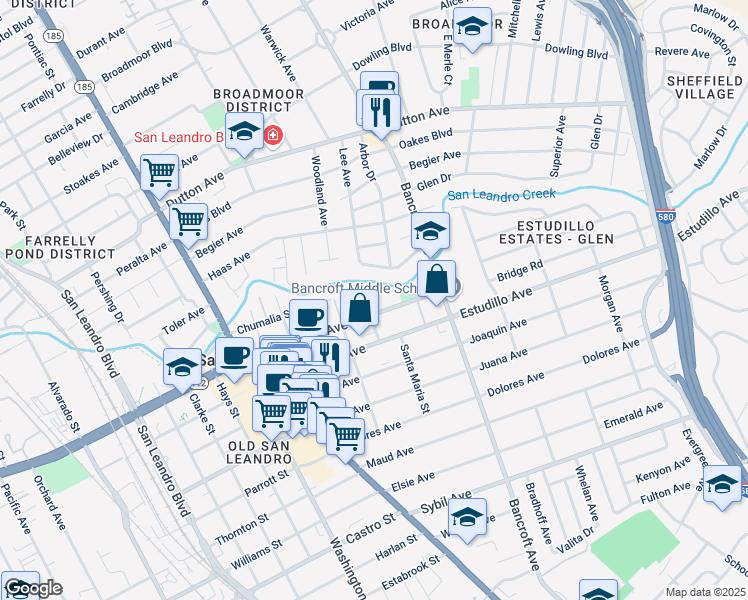 map of restaurants, bars, coffee shops, grocery stores, and more near 532 Callan Avenue in San Leandro