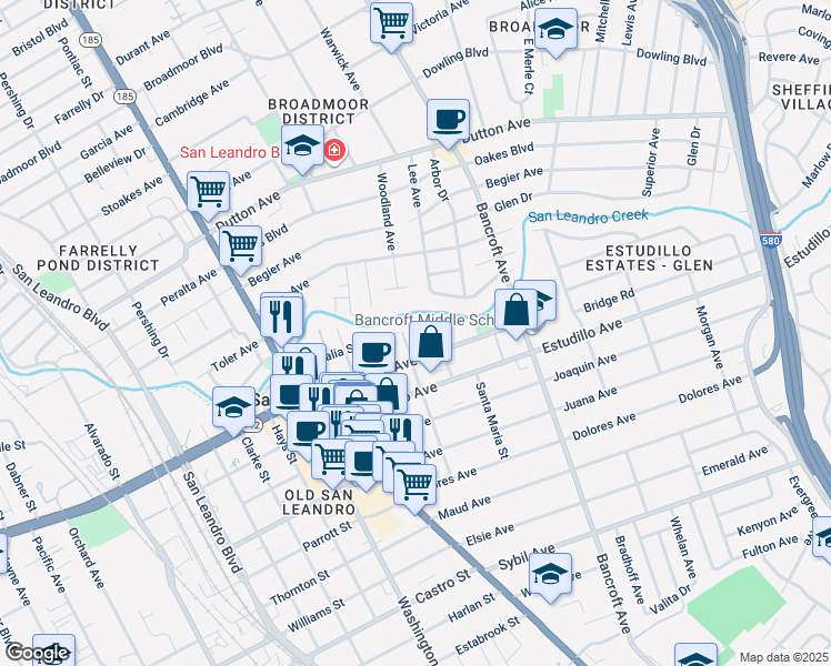 map of restaurants, bars, coffee shops, grocery stores, and more near 424 Callan Avenue in San Leandro