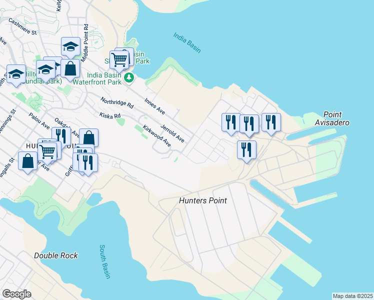 map of restaurants, bars, coffee shops, grocery stores, and more near 118 Dolphin Court in San Francisco