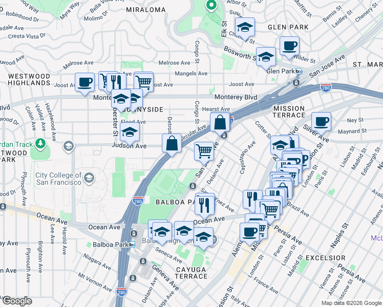 map of restaurants, bars, coffee shops, grocery stores, and more near 42 Paulding Street in San Francisco