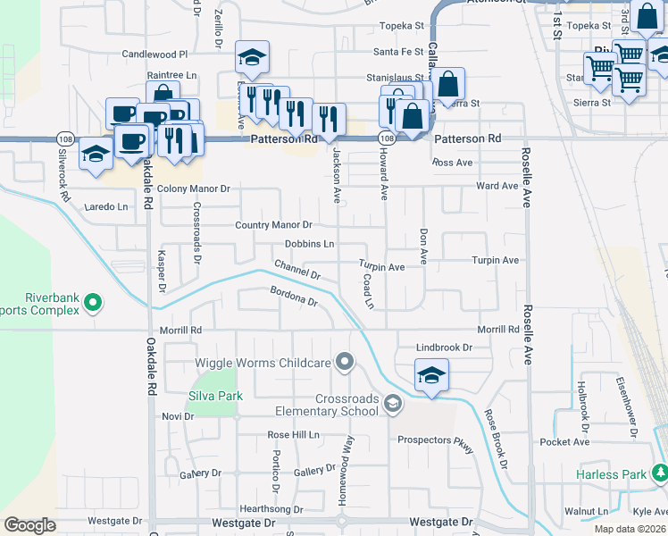 map of restaurants, bars, coffee shops, grocery stores, and more near 6049 Jackson Avenue in Riverbank