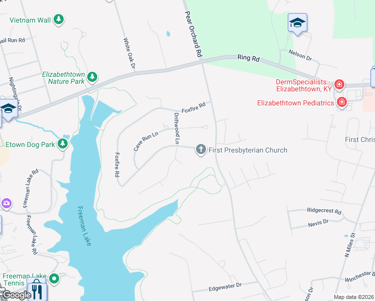 map of restaurants, bars, coffee shops, grocery stores, and more near 819-899 Foxfire Rd in Elizabethtown