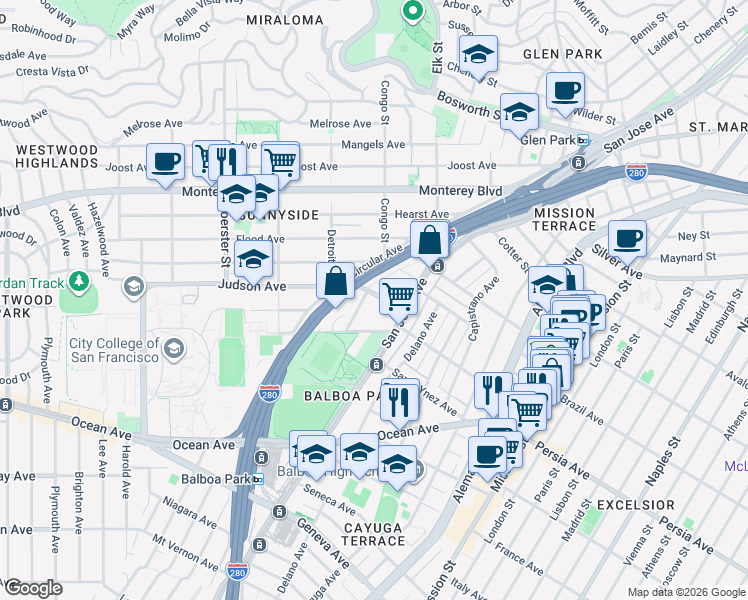 map of restaurants, bars, coffee shops, grocery stores, and more near 42 Paulding Street in San Francisco