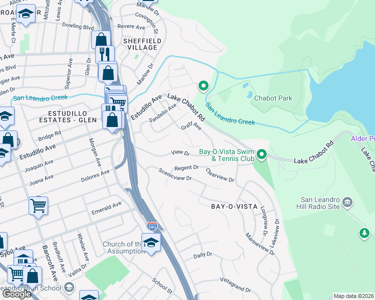 map of restaurants, bars, coffee shops, grocery stores, and more near 1532 View Drive in San Leandro