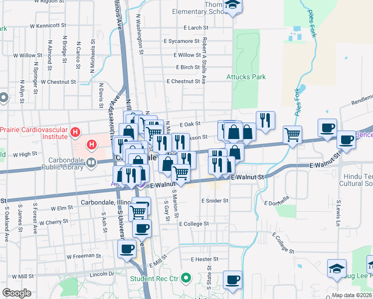 map of restaurants, bars, coffee shops, grocery stores, and more near 310 East Main Street in Carbondale