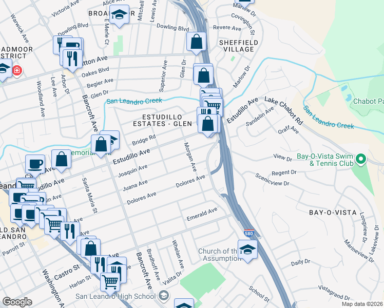 map of restaurants, bars, coffee shops, grocery stores, and more near 1400 Morgan Avenue in San Leandro