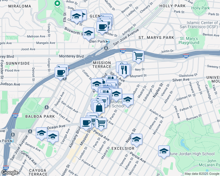 map of restaurants, bars, coffee shops, grocery stores, and more near 27 Theresa Street in San Francisco
