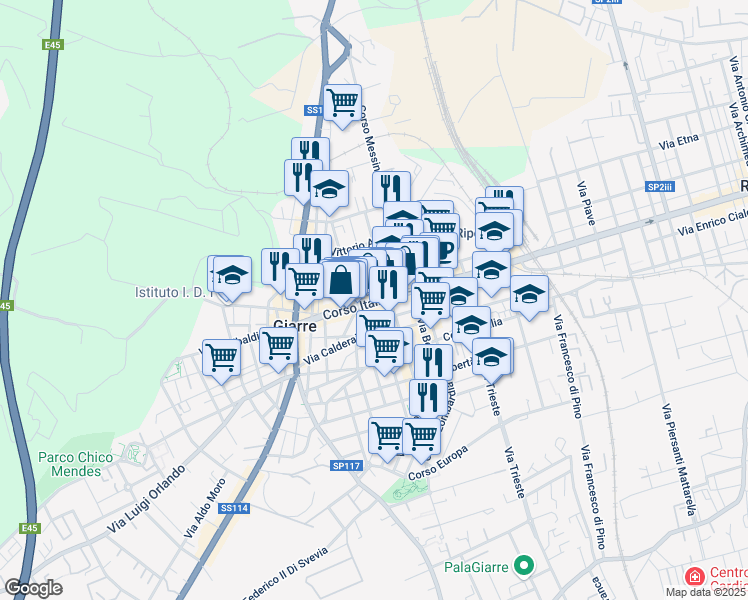 map of restaurants, bars, coffee shops, grocery stores, and more near 102 Corso Italia in Giarre