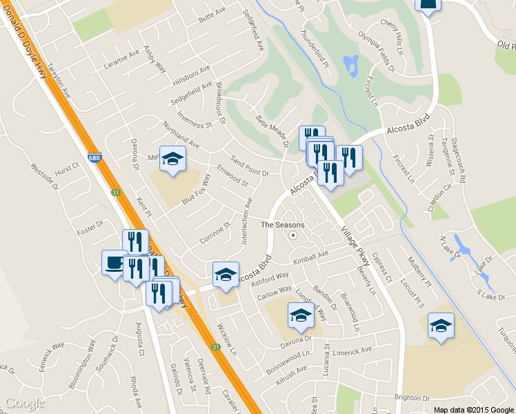 map of restaurants, bars, coffee shops, grocery stores, and more near 9085 Alcosta Boulevard in San Ramon