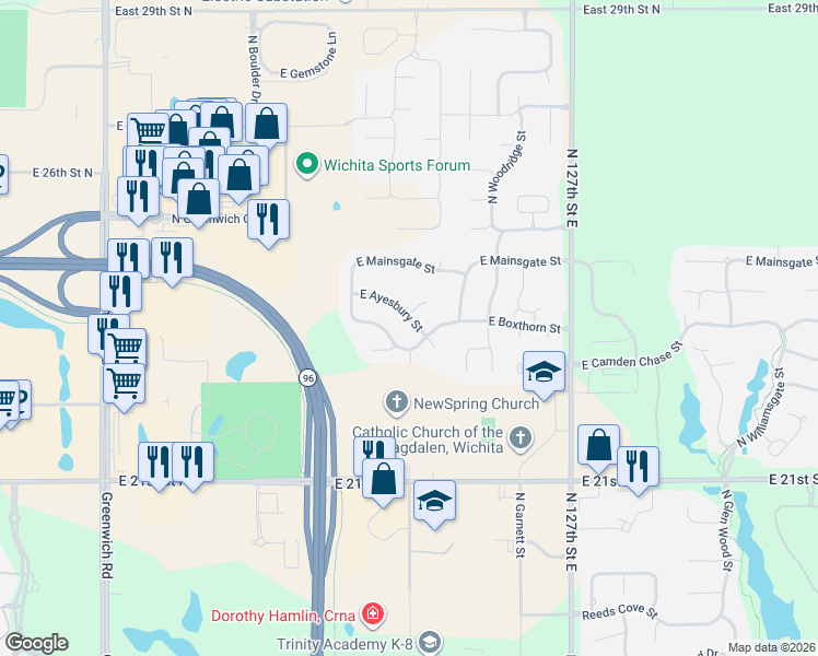 map of restaurants, bars, coffee shops, grocery stores, and more near 12246 East Ayesbury Street in Wichita