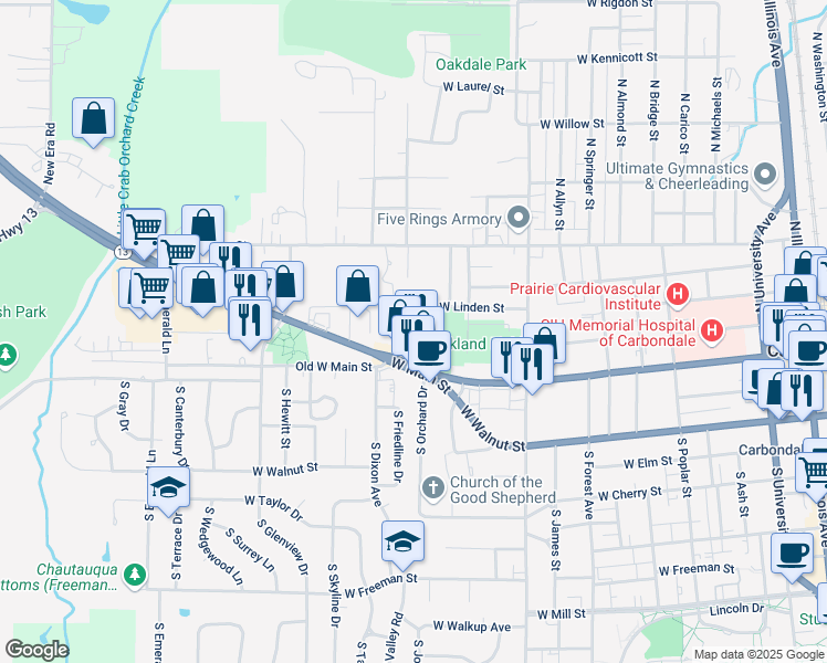 map of restaurants, bars, coffee shops, grocery stores, and more near 107 North Williams Street in Carbondale