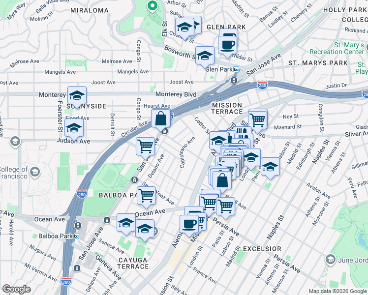 map of restaurants, bars, coffee shops, grocery stores, and more near Capistrano Avenue & Santa Rosa Avenue in San Francisco